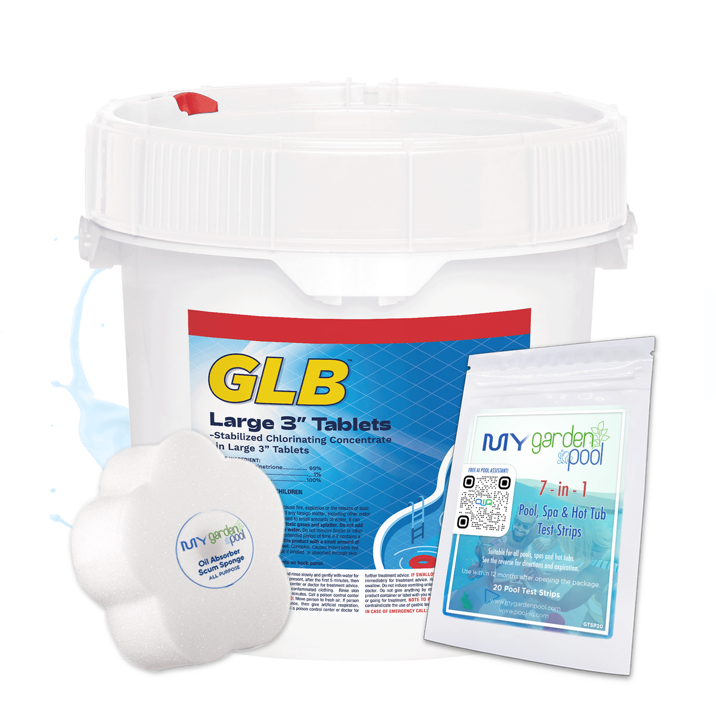 GLB Large 3" Chlorine Tablets 25 lbs – Reliable Pool Chlorination – Extended Water Protection – Includes 2 Scum Socks and 7-in-1 Test Strips