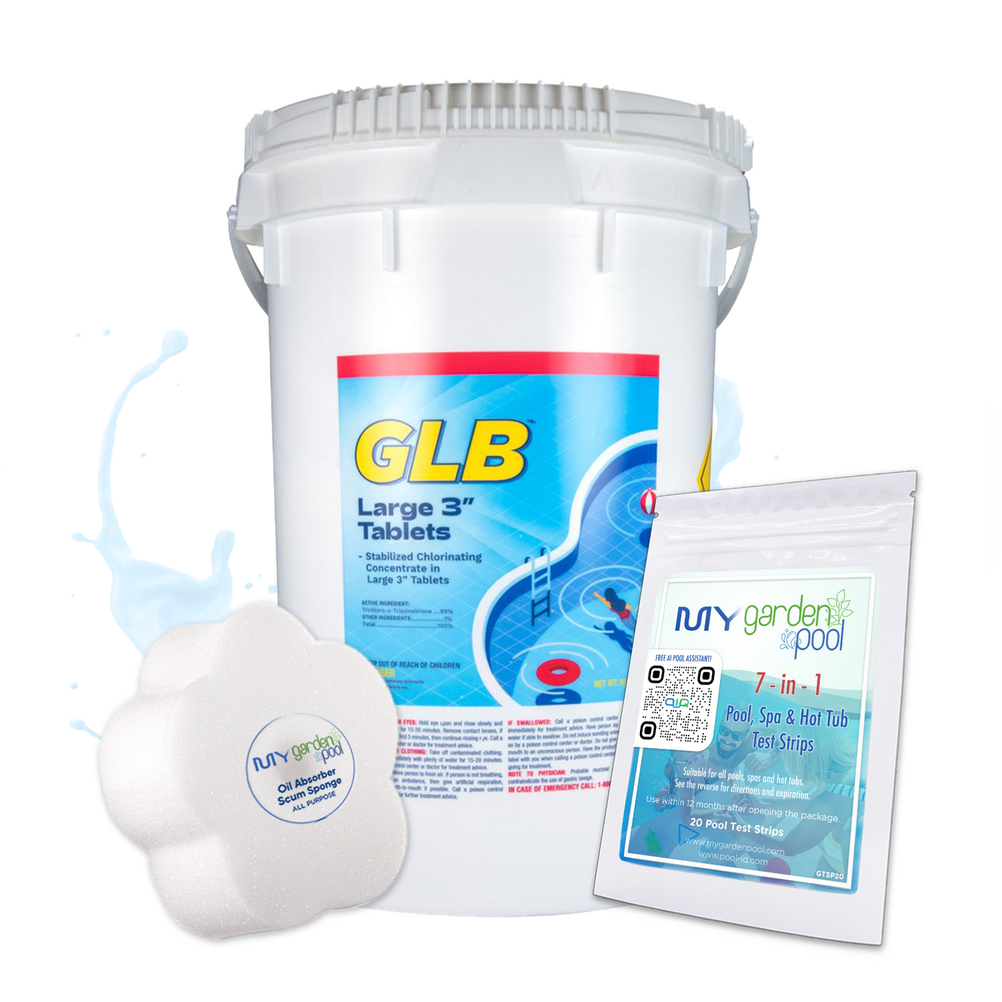GLB Triple Tab 10 lbs – 3-in-1 Pool Chlorine Tablets – Sanitize, Clarify & Protect – Includes 2 Scum Socks and 7-in-1 Test Strips