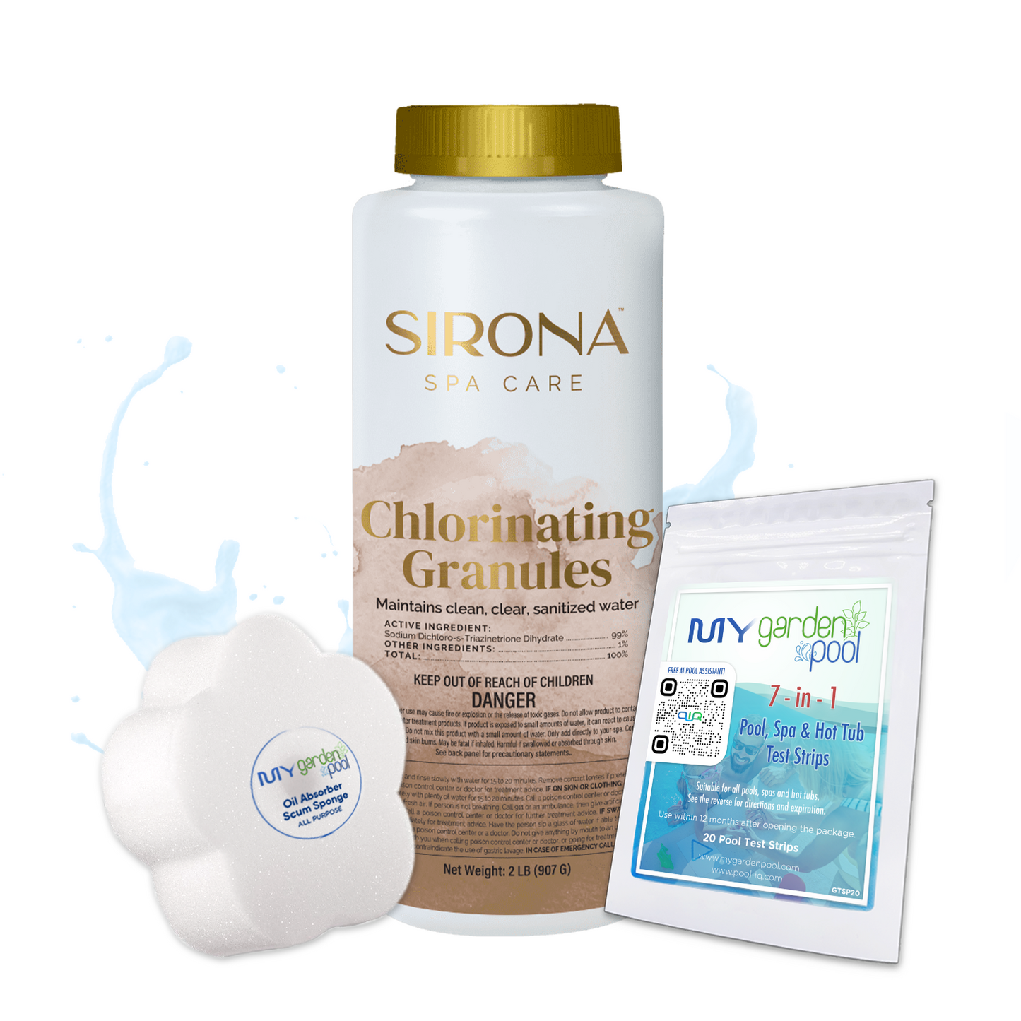 Sirona Chlorinating Granules 2 lbs – Rapid Spa Water Chlorination – Easy-to-Use Granules – Includes Scum Sponge and 7-in-1 Test Strips
