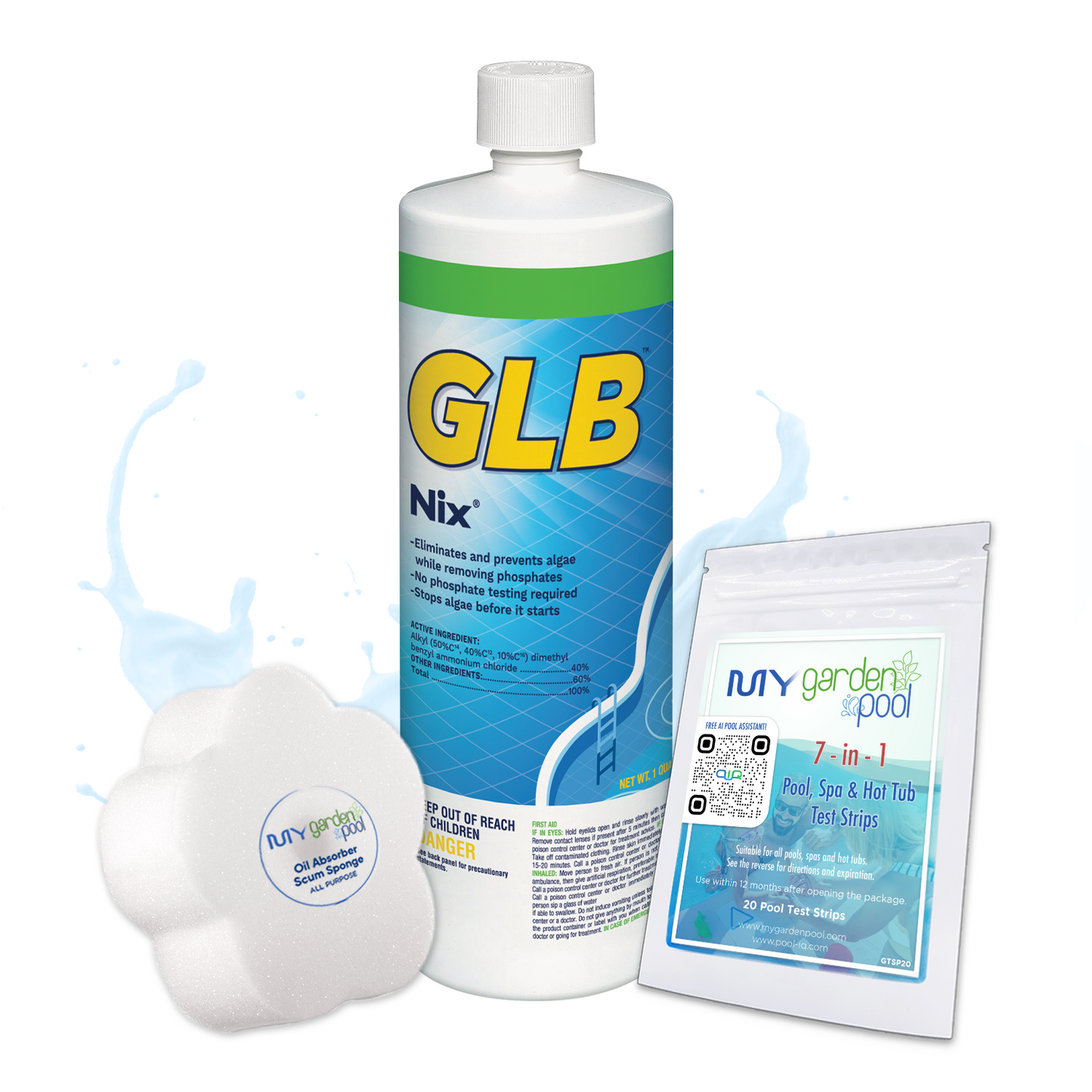 GLB NIX 32 fl oz – Phosphate Remover for Pools – Prevents Algae Blooms – Includes 2 Scum Socks and 7-in-1 Test Strips