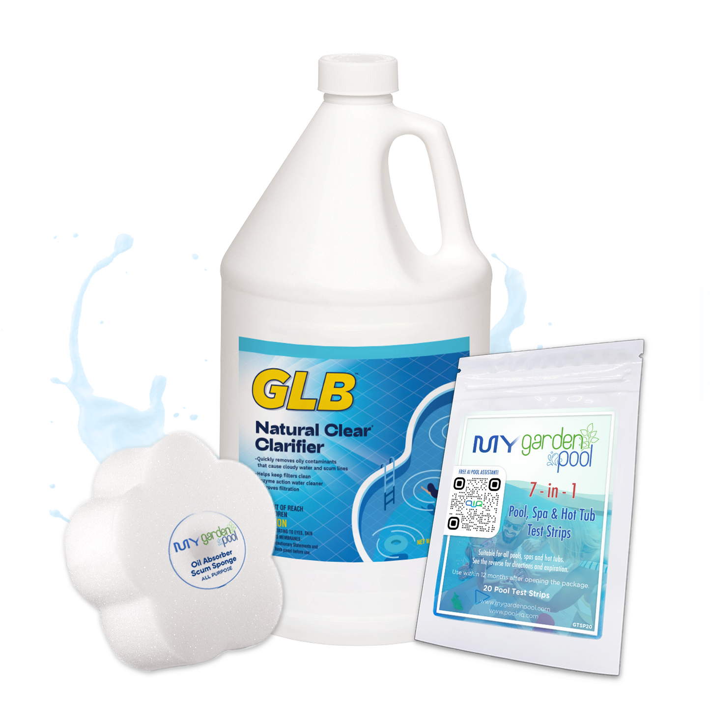 GLB Natural Clear 32 fl oz – Pool Water Clarifier – Improves Water Sparkle – Includes 2 Scum Socks and 7-in-1 Test Strips