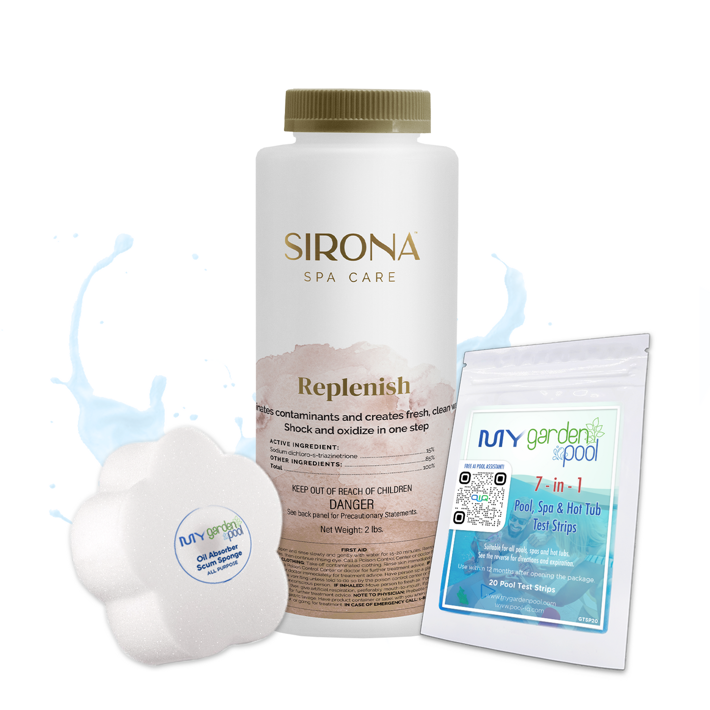 Sirona Replenish 2 lbs – Multi-Action Spa Shock and Oxidizer – Boosts Water Clarity – Includes Scum Sponge and 7-in-1 Test Strips