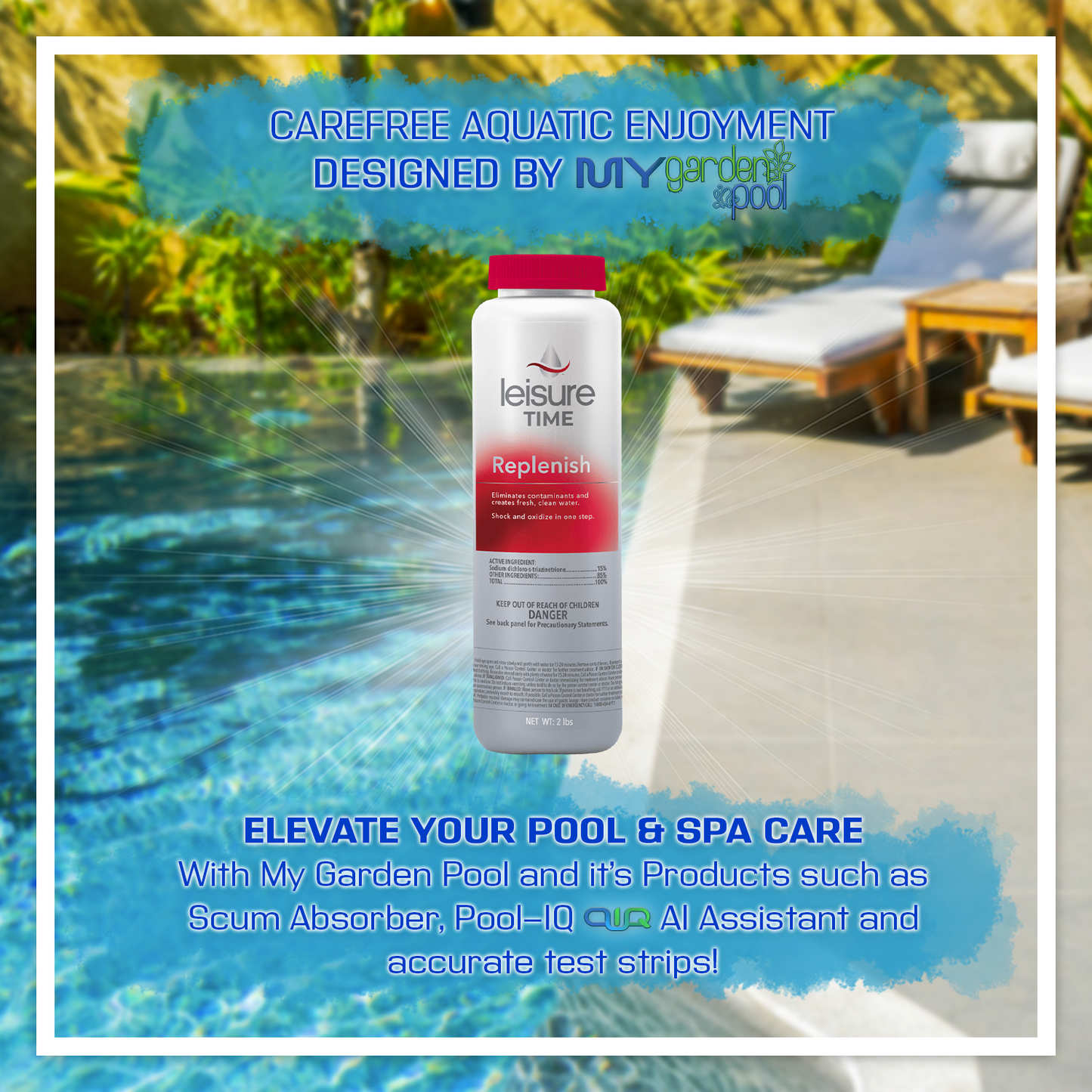 Leisure Time Replenish 2 lbs – Spa Shock and Oxidizer – Fast Water Clarifier – Includes Scum Sponge and 7-in-1 Test Strips