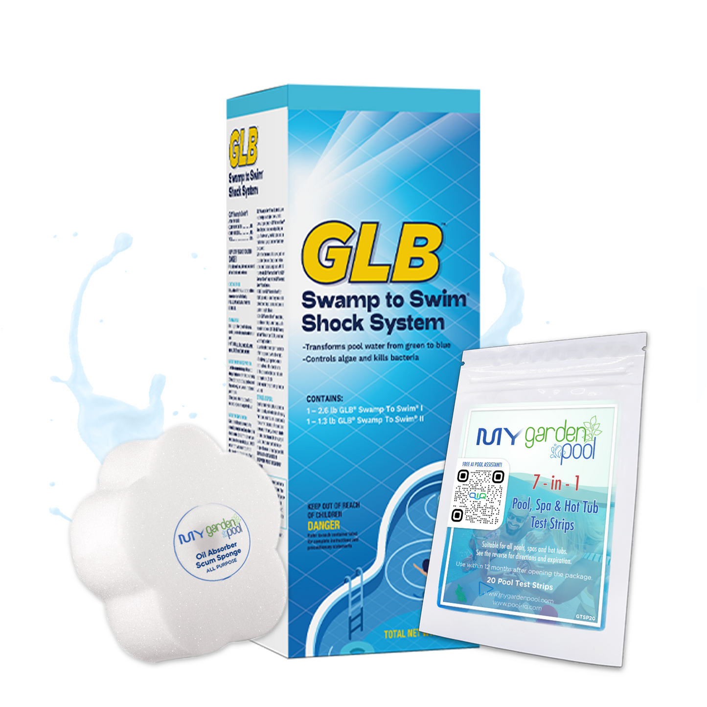 GLB Swamp to Swim Kit 4 lbs – Turns Green Pools Clear – Complete Shock and Clean Kit – Includes 2 Scum Socks and 7-in-1 Test Strips