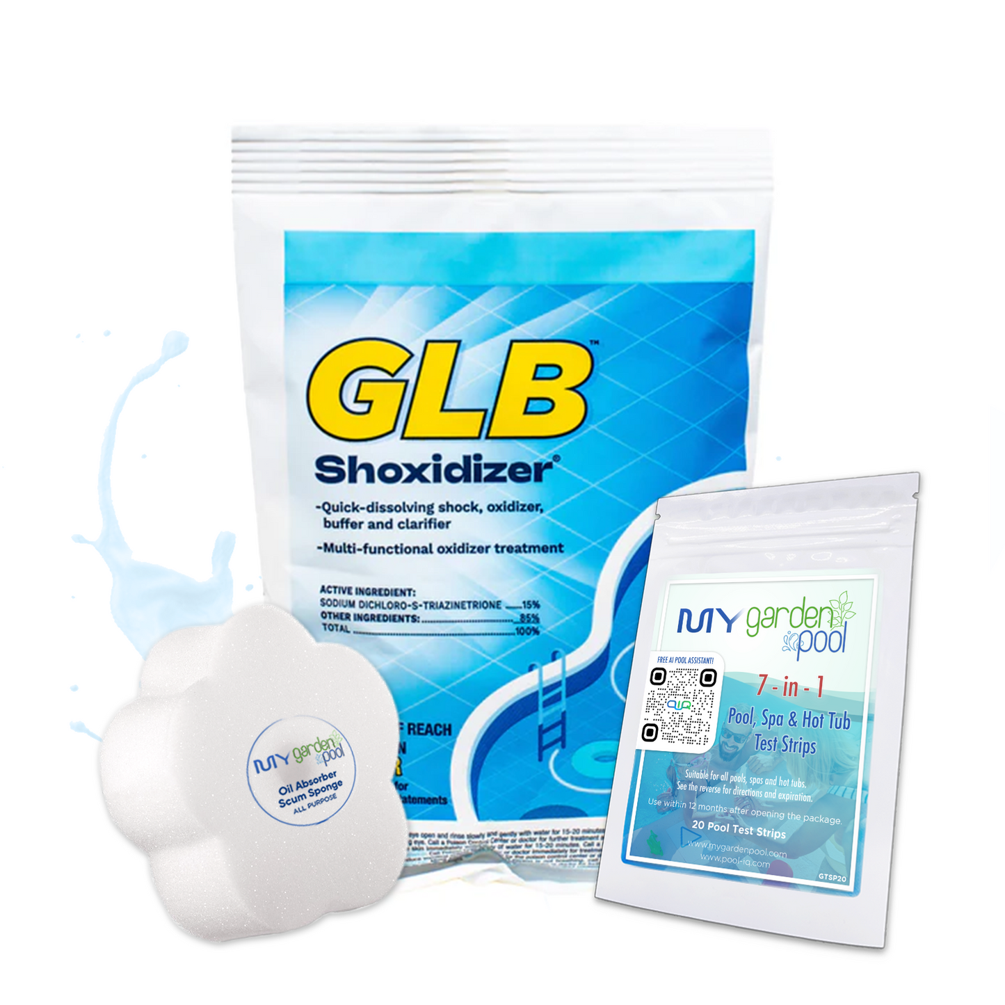 GLB Shoxidizer 1 lb – Dual-Action Pool Shock and Clarifier – Restores Sparkling Water – Includes 2 Scum Socks and 7-in-1 Test Strips