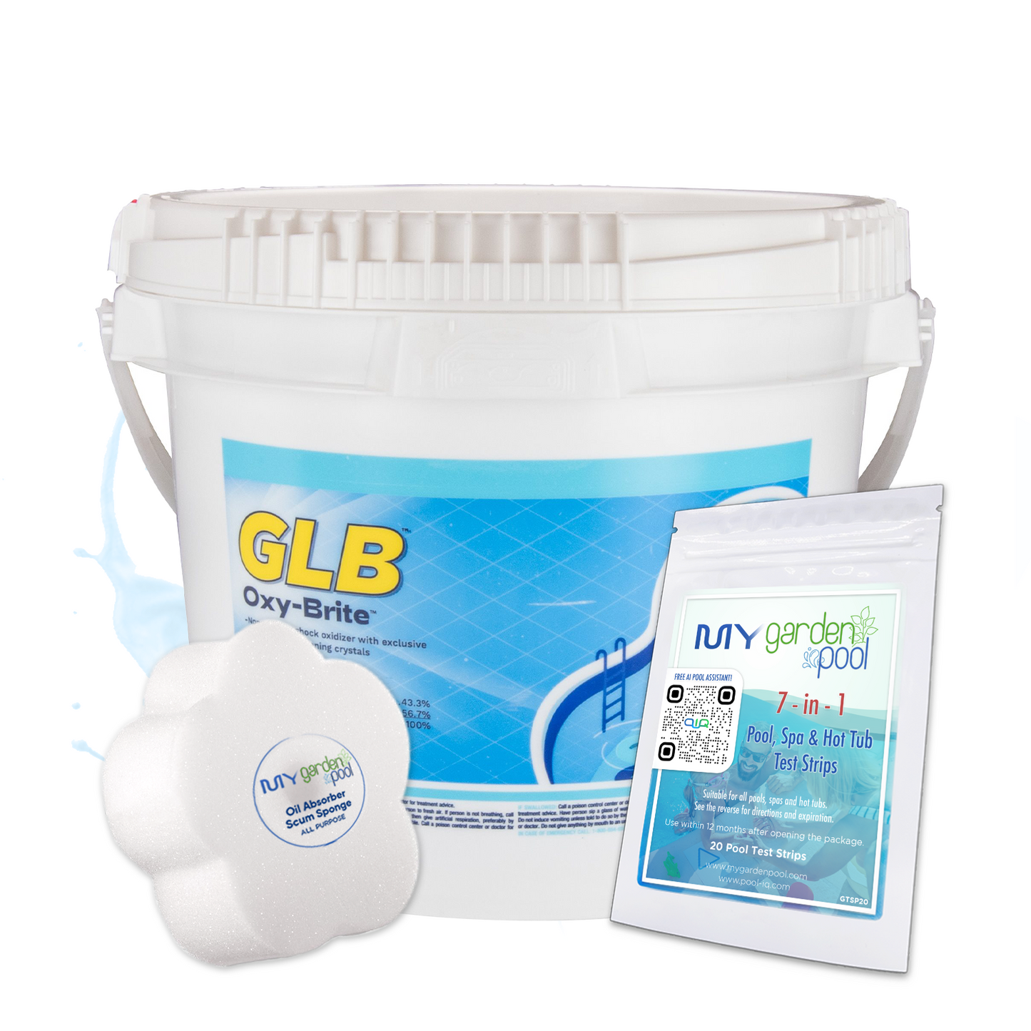 GLB Oxy-Brite 25 lbs – Large Pack Non-Chlorine Shock – Powerful Oxidizer for Pools – Includes 2 Scum Socks and 7-in-1 Test Strips