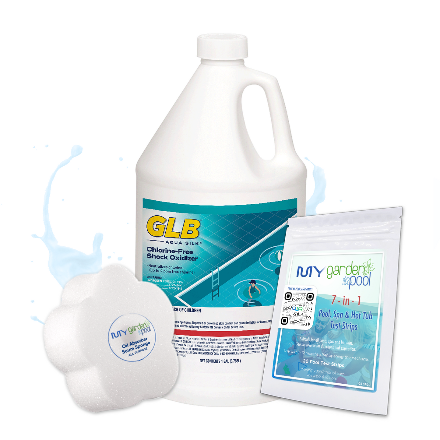 GLB Aqua Silk Oxidizer 1 Gallon – Chlorine-Free Pool Oxidizer – Clear and Clean Water – Includes 2 Scum Socks and 7-in-1 Test Strips