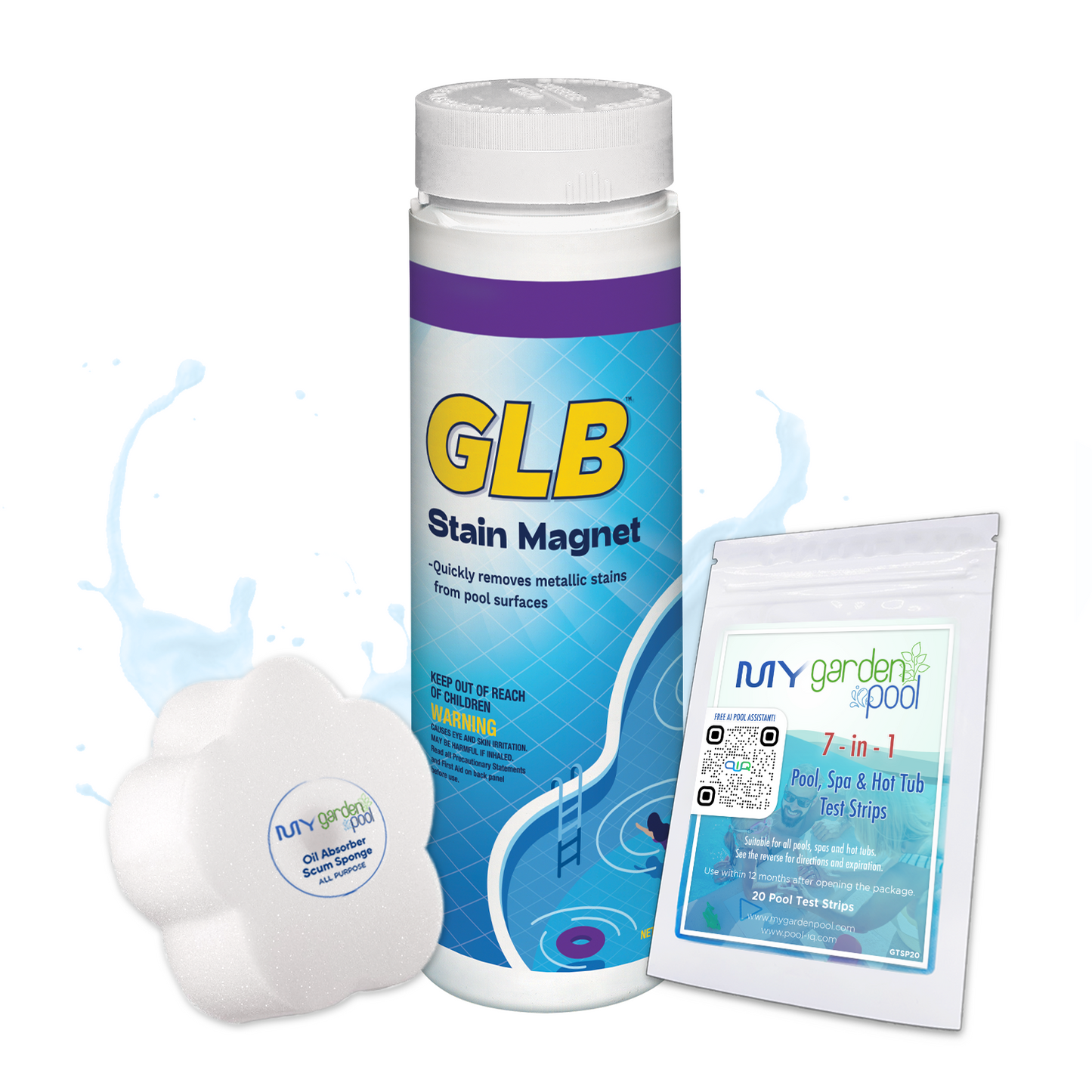GLB Stain Magnet 2.5 lbs – Removes Pool Stains Fast – Treats Iron, Copper, and Manganese – Includes 2 Scum Socks and 7-in-1 Test Strips