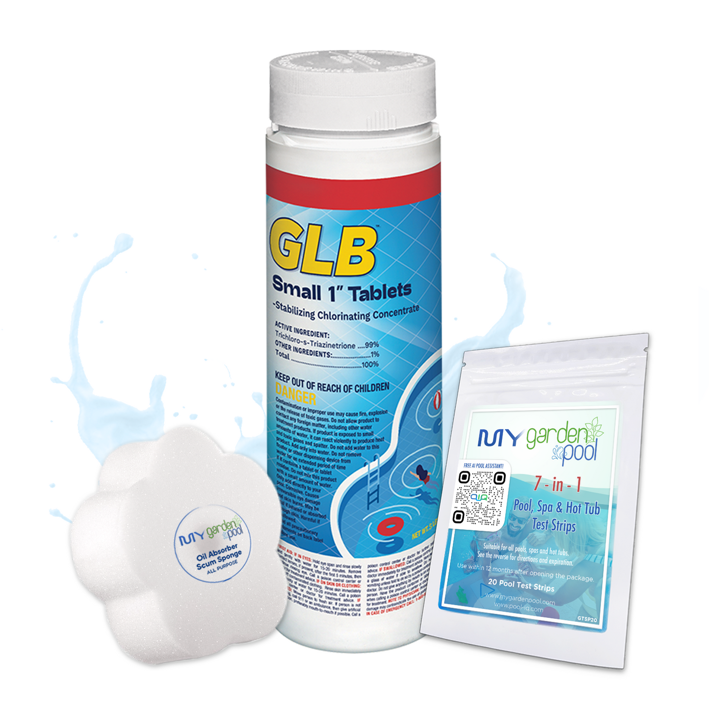 GLB Aqua Silk Sanitizer 64 fl oz – Chlorine-Free Pool Sanitizer – Soft, Gentle Water Care – Includes 2 Scum Socks and 7-in-1 Test Strips