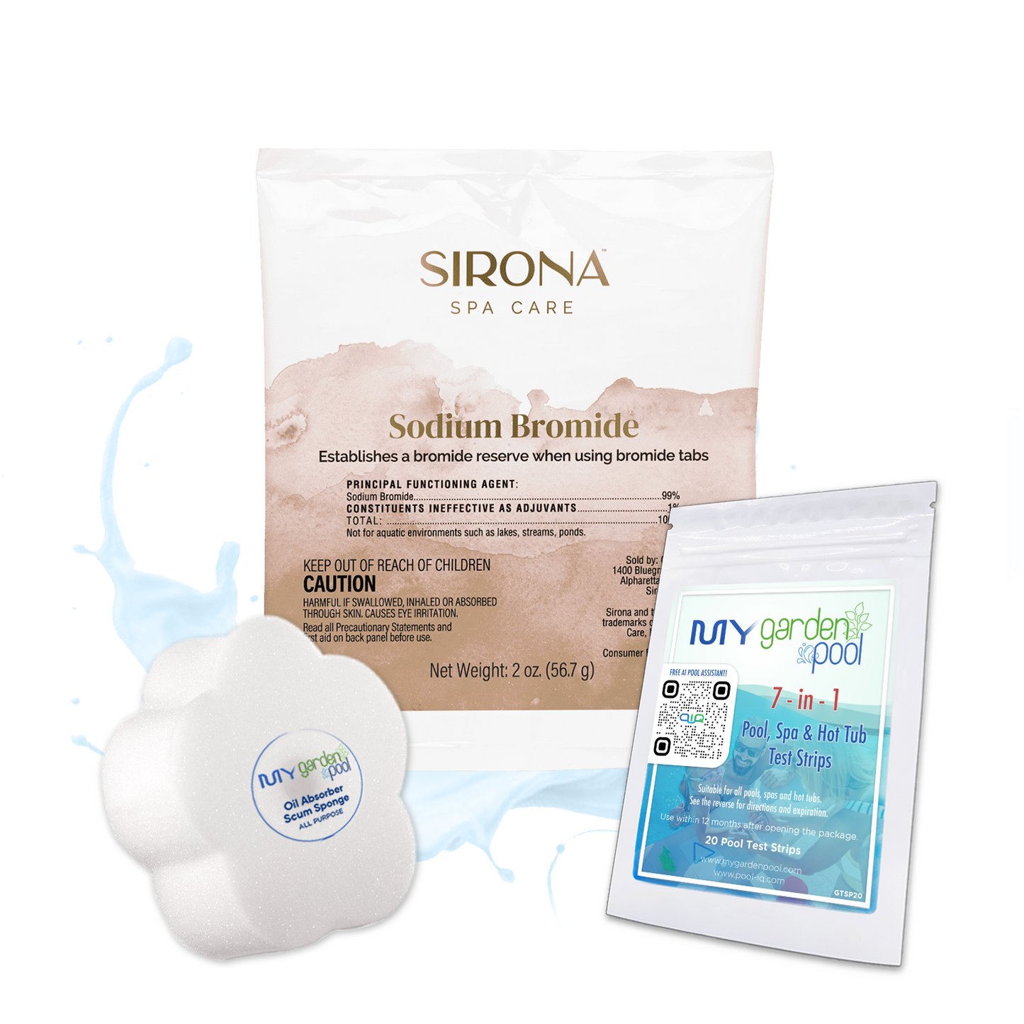 Sirona Sodium Bromide 2 oz – Spa Startup Bromide Boost – Enhances Sanitizer Efficiency – Includes Scum Sponge and 7-in-1 Test Strips