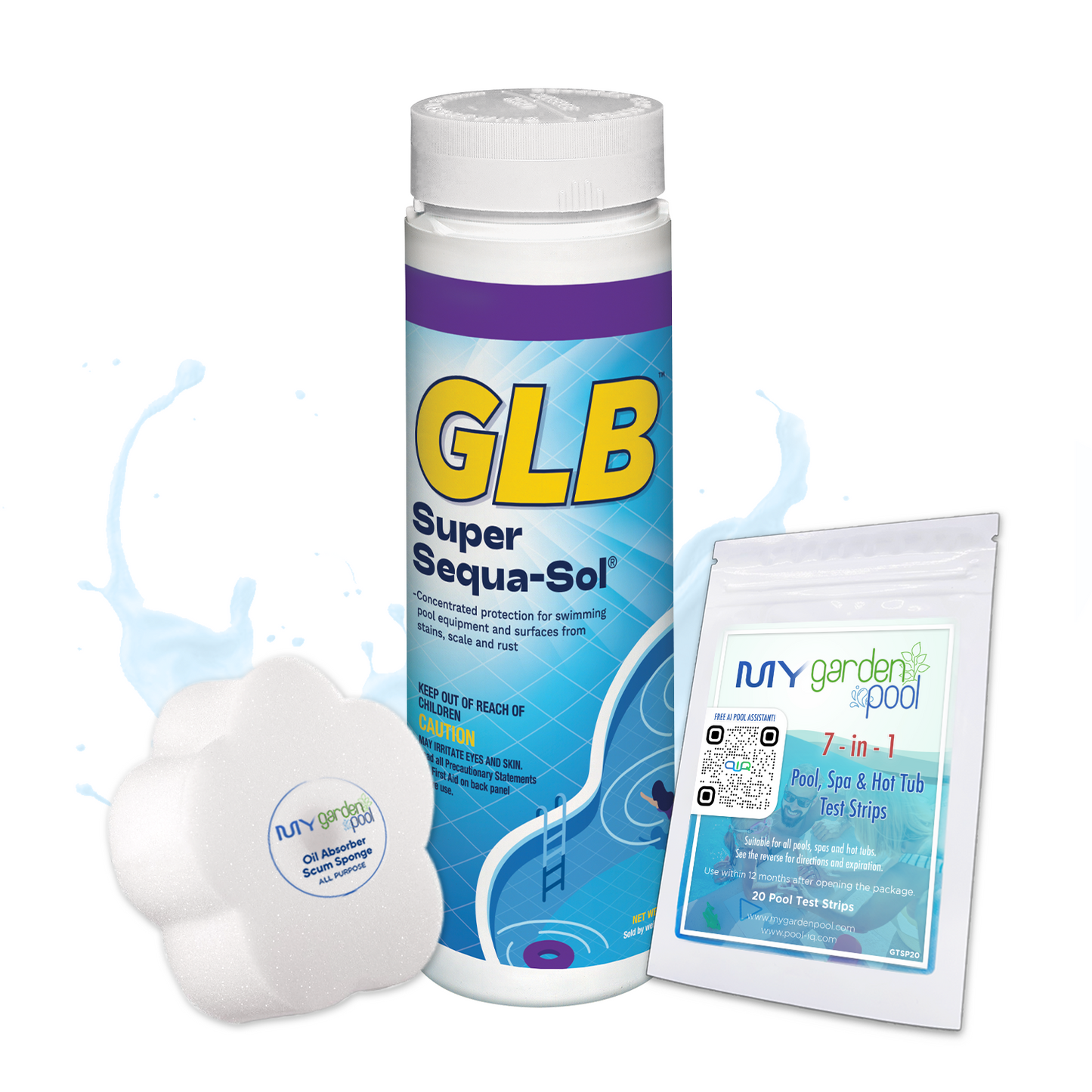 GLB Super Sequa-Sol 2 lbs – Advanced Pool Stain & Scale Preventer – Clear, Protected Pool Water – Includes 2 Scum Socks and 7-in-1 Test Strips