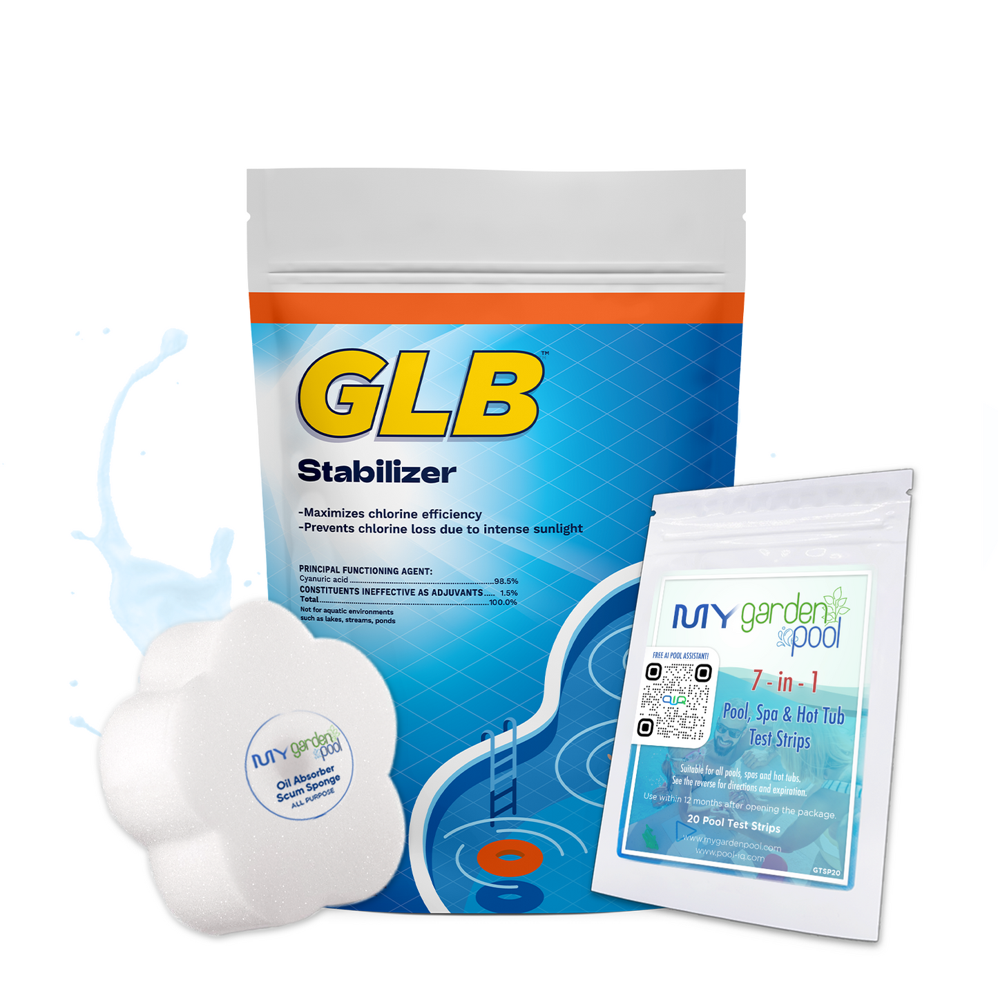 GLB Stabilizer (bag) 4 lbs – Shields Pool Chlorine from Sunlight – Prolongs Sanitizer Effectiveness – Includes 2 Scum Socks and 7-in-1 Test Strips