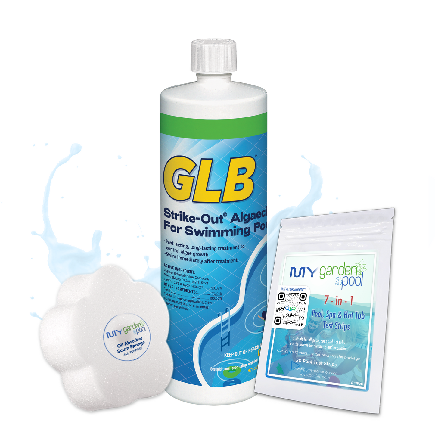 GLB Strike-Out 32 fl oz – Fast-Acting Algaecide for Pools – Clears Water Quickly – Includes 2 Scum Socks and 7-in-1 Test Strips