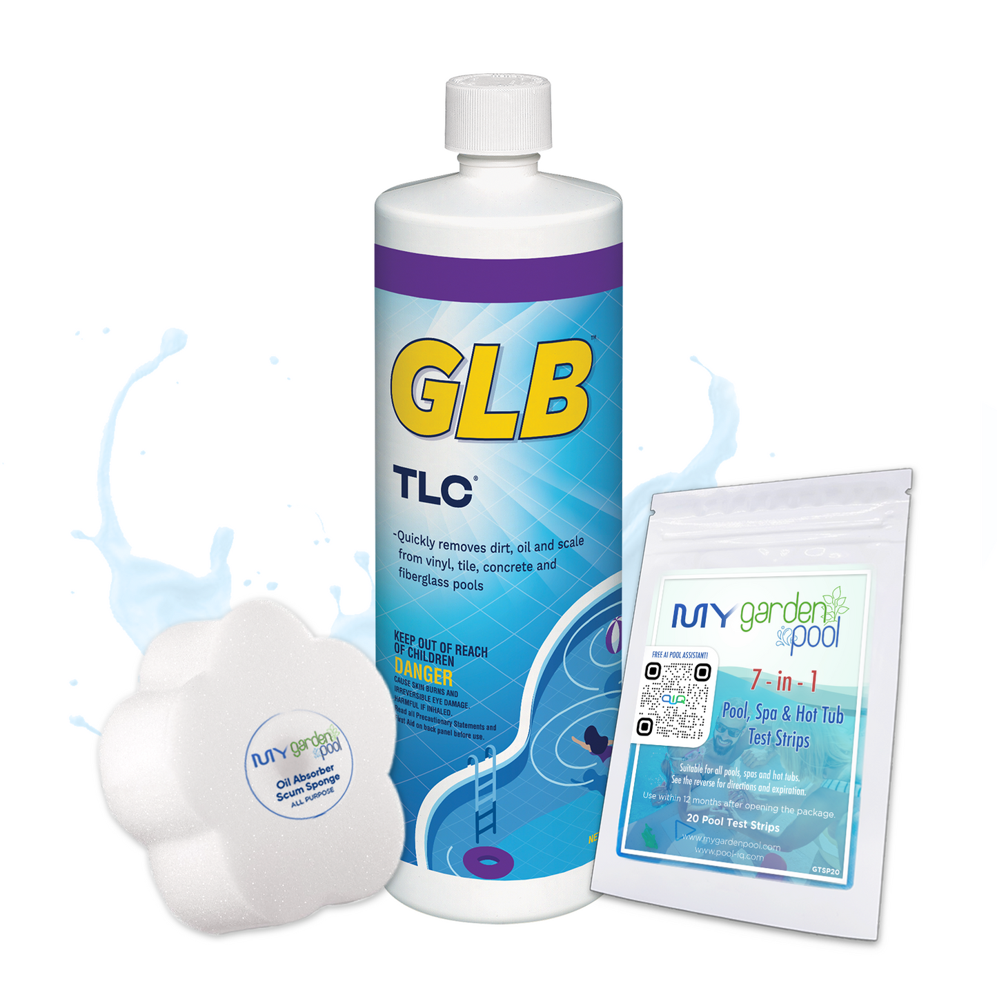 GLB TLC Surface Cleaner 32 fl oz – Cleans Pool Surfaces and Waterlines – Dissolves Oils and Dirt – Includes 2 Scum Socks and 7-in-1 Test Strips