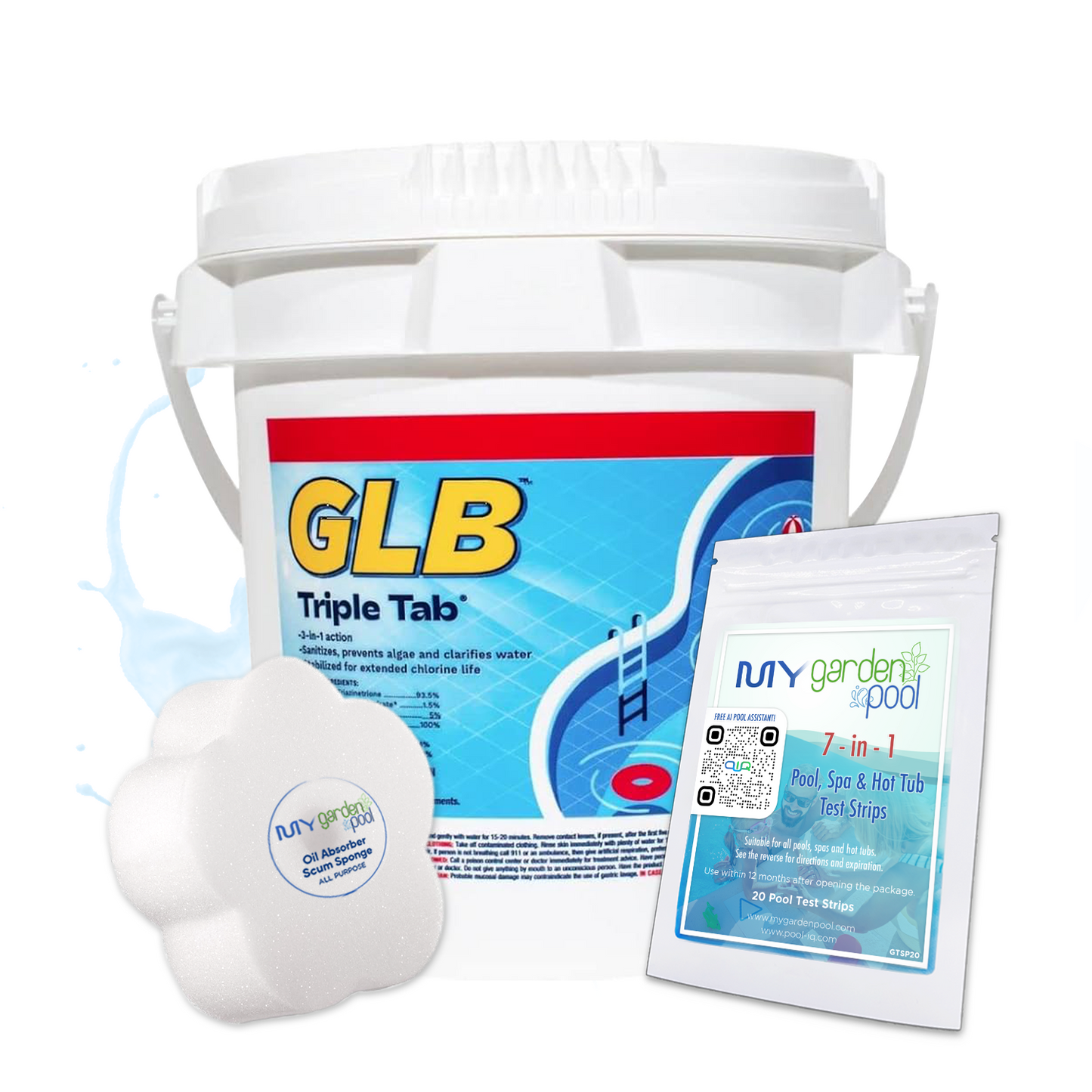 GLB Triple Tab 22 lbs – Advanced 3-in-1 Pool Tablets – Easy Water Care Solution – Includes 2 Scum Socks and 7-in-1 Test Strips