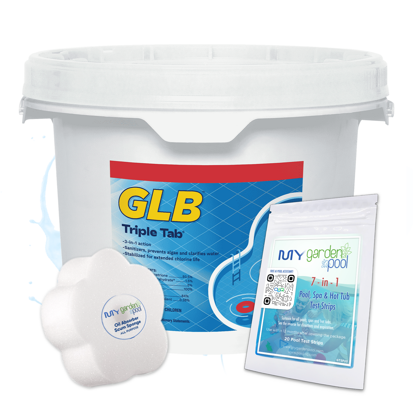 GLB Small 1" Chlorine Tablets 5 lbs – Perfect for Small Pools & Spas – Fast-Dissolving Sanitizer – Includes 2 Scum Socks and 7-in-1 Test Strips