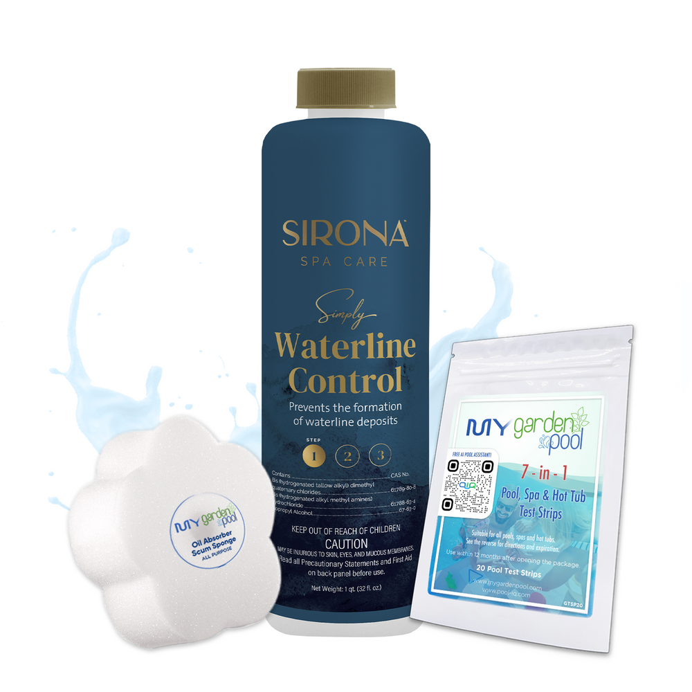 Sirona Simply Waterline Control 32 fl oz – Prevents Waterline Build-Up – Keeps Spa Shells Clean – Includes Scum Sponge and 7-in-1 Test Strips