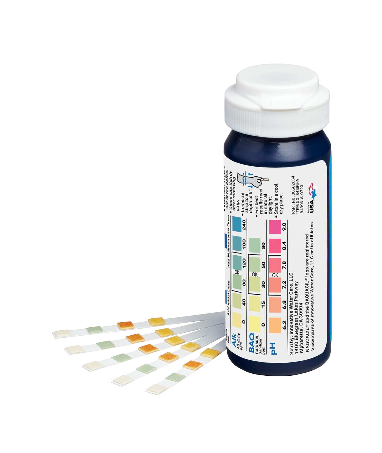 BAQUACIL 4-Way Test Strips – Easy Testing for Sanitizer, pH, Alkalinity & Hardness – Ideal for Chlorine-Free Pools – Bonus Scum Socks Included