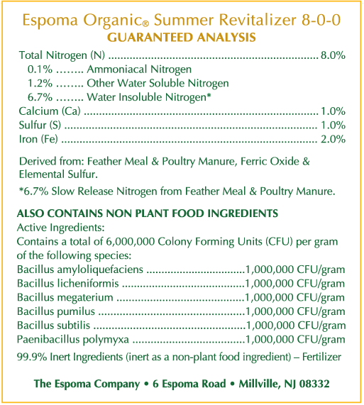 Espoma Summer Revitalizer 30 lb – Organic Lawn Fertilizer 8-0-0 – Includes My Garden Pool Claw Gloves & Soil pH Test Strips