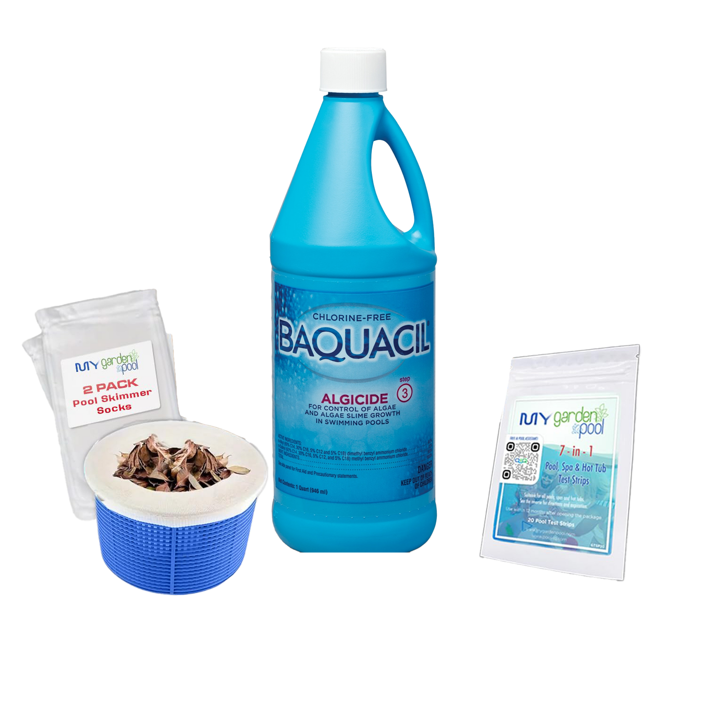 BAQUACIL Algicide 32 fl oz – Non-Foaming Algae Control for Chlorine-Free Pools – Prevents Green Algae Growth – Includes Test Strips & Scum Socks