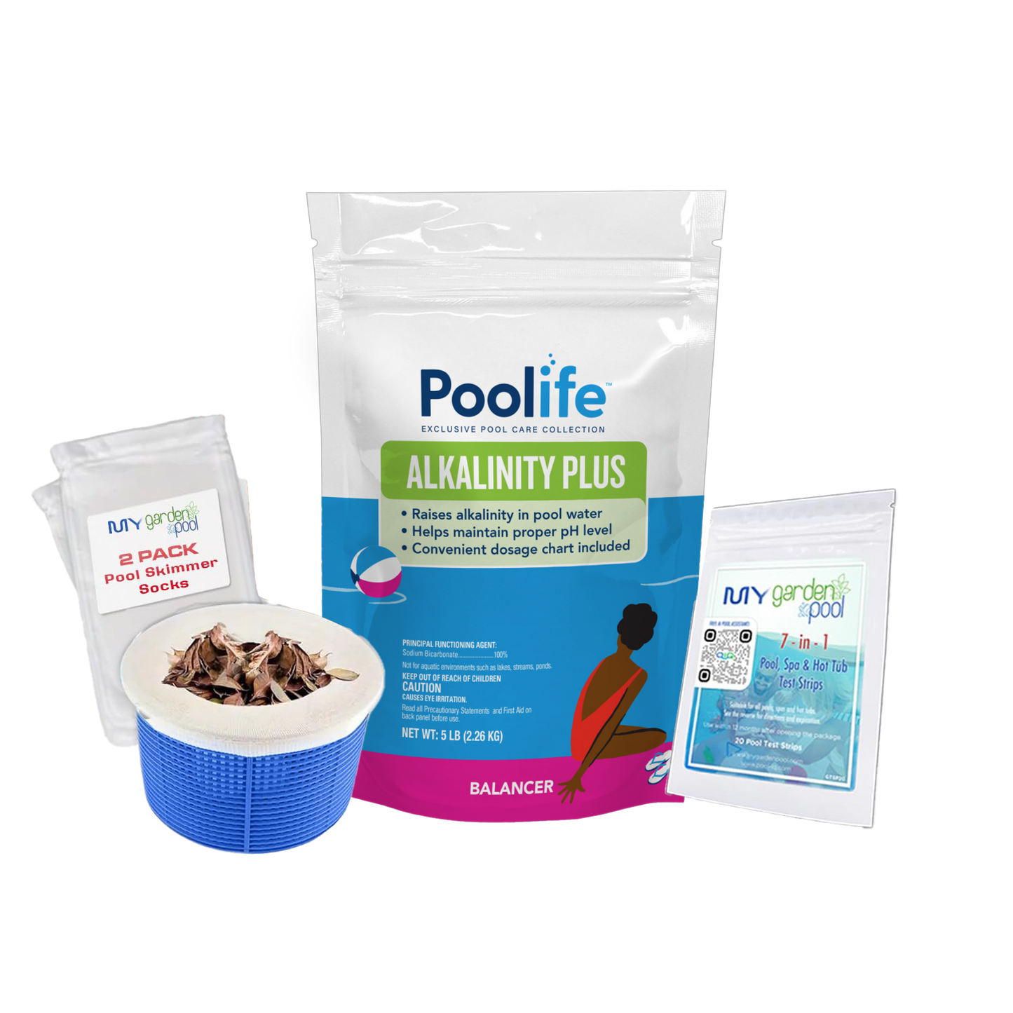 Poolife Alkalinity Plus 5 lb – Raises Total Alkalinity for Balanced pH – Easy-Dissolve Formula – Includes 2 Scum Socks and 7-in-1 Test Strips