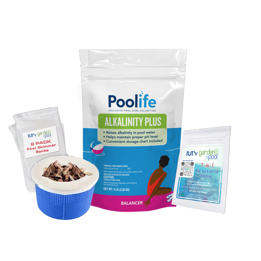 Poolife Alkalinity Plus 10 lb – Raises Total Alkalinity Fast – Balances pH Stability – Includes 2 Scum Socks and 7-in-1 Test Strips