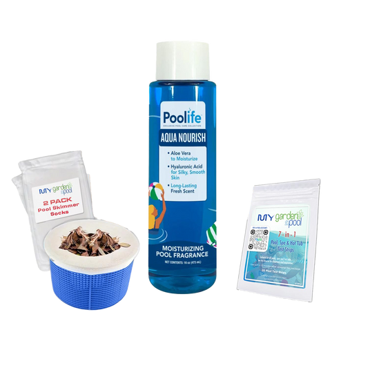 Poolife Aqua Nourish 16 fl oz – Vitamin-Enriched Water Conditioner for Softer, Healthier Pool Water – Includes Test Strips & 2 Scum Socks