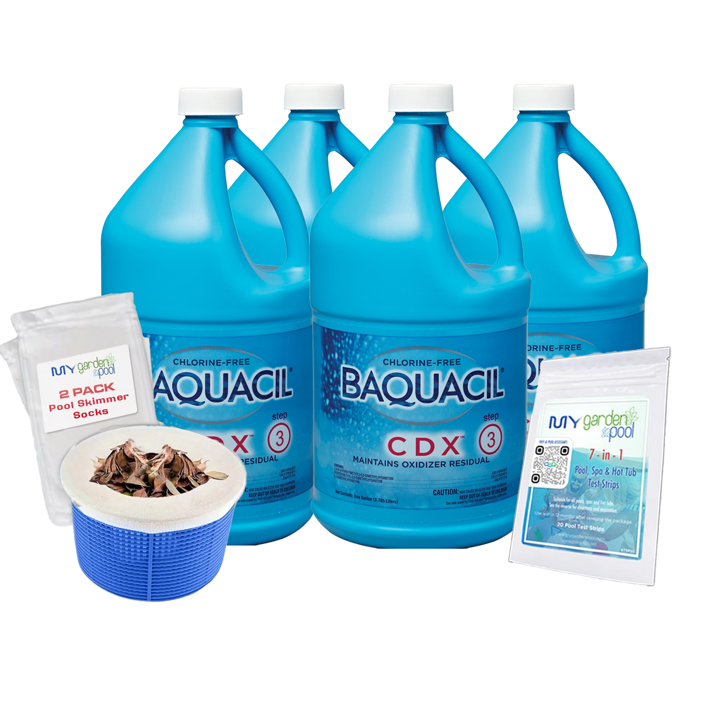 BAQUACIL CDX – Case of 4 x 64 fl oz Bottles – Step 3 Non-Chlorine System Enhancer – Maintains Water Clarity – Bonus Test Strips & Scum Socks Included