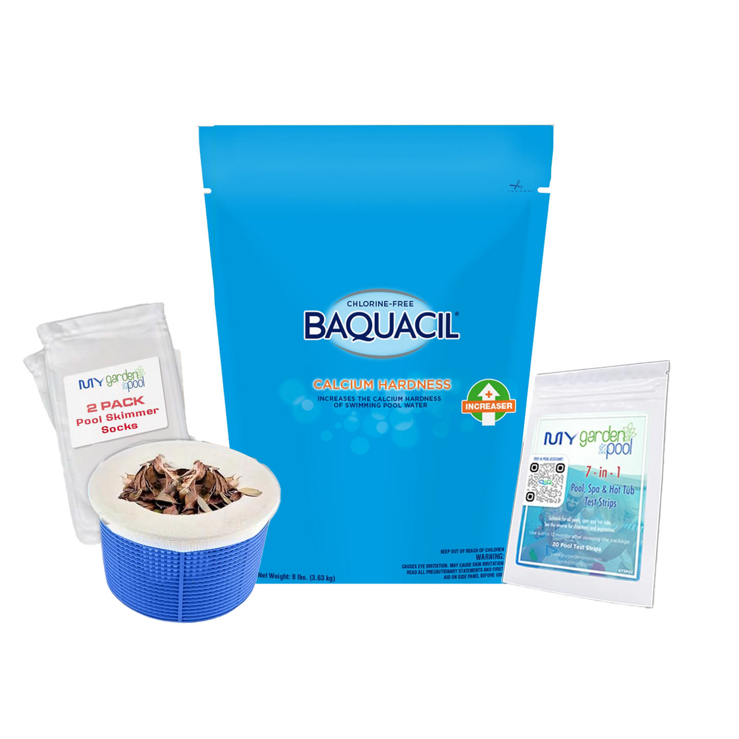 BAQUACIL Calcium Hardness Increaser – 8 lb Bag – 93% Pure Calcium Chloride – Prevents Surface Damage & Corrosion – Includes Test Strips & Scum Socks