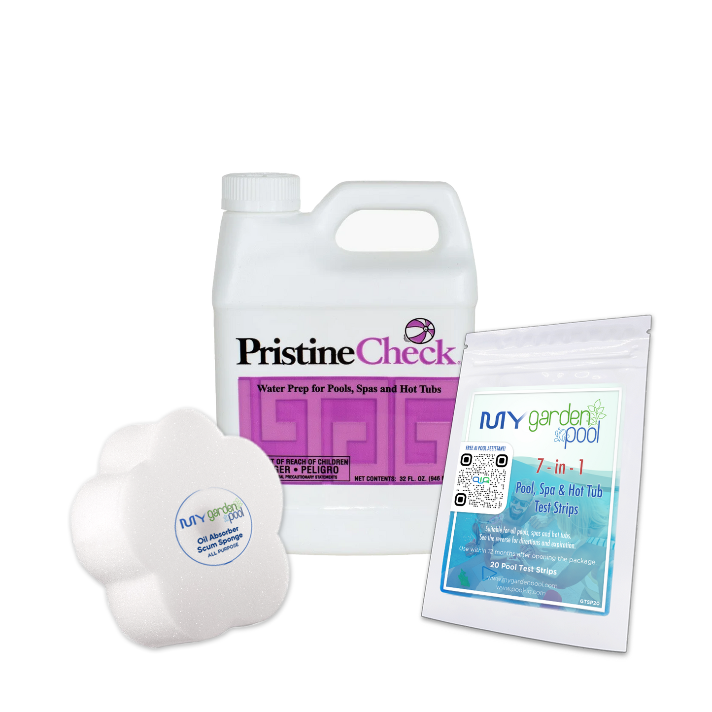 PristineCheck – 64 FL OZ – Pool Start-Up Metal Control with 7-in-1 Test Strips & Scum Sponge