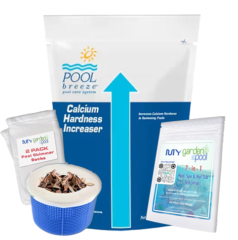 Pool Breeze Calcium Hardness Increaser – 8 lb Bag – Prevents Corrosion & Etching – Includes Scum Socks & Test Strips