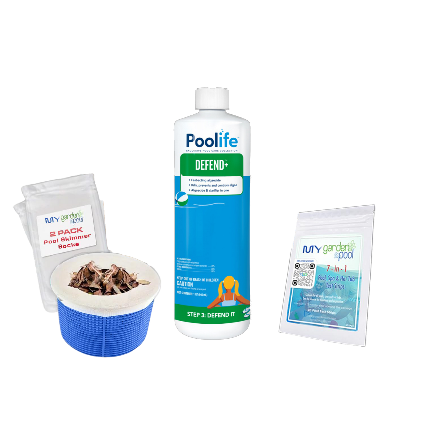 Poolife Defend+ 32 fl oz – 3-in-1 Pool Algae Protection – Clarifier + Preventative Shield – Includes 2 Scum Socks and 7-in-1 Test Strips