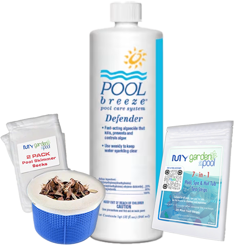 Pool Breeze Defender Algaecide – 32 oz – Polyquat Non-Foaming Formula – Includes Scum Socks & Test Strips