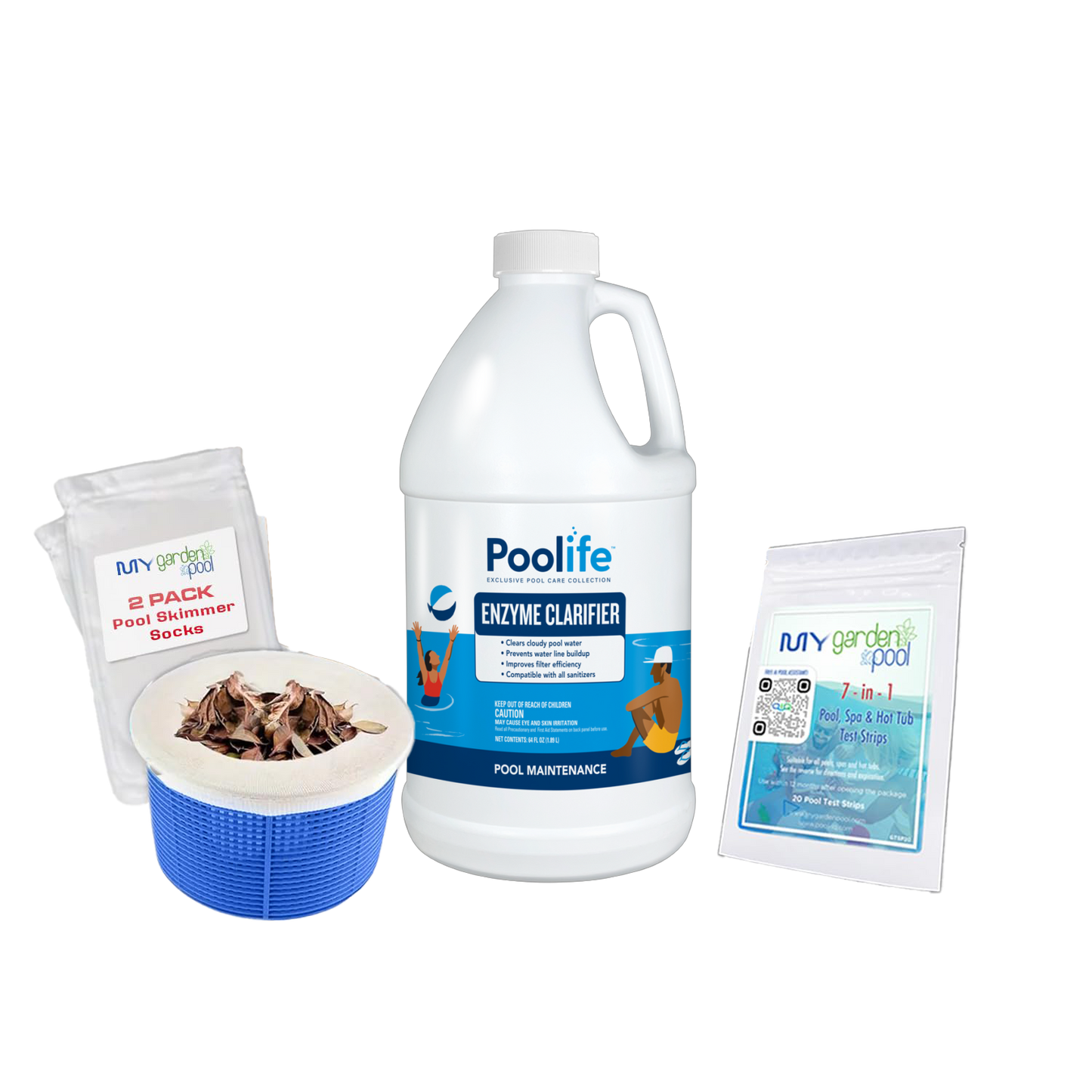 Poolife Enzyme Clarifier 64 fl oz – Breaks Down Oils & Lotions – Crystal-Clear Water Weekly Maintenance – Includes 2 Scum Socks and 7-in-1 Test Strips