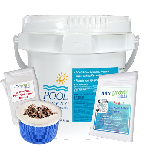 Pool Breeze Extra Chlorine Tablets – 4 lb Pail – All-in-One 3" Tabs – Includes Scum Socks & Test Strips