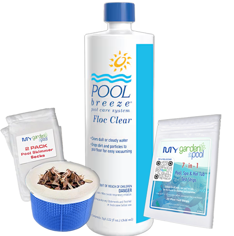 Pool Breeze Floc Clear Clarifier – 32 oz – Drops Particles Fast – Includes Scum Socks & Test Strips