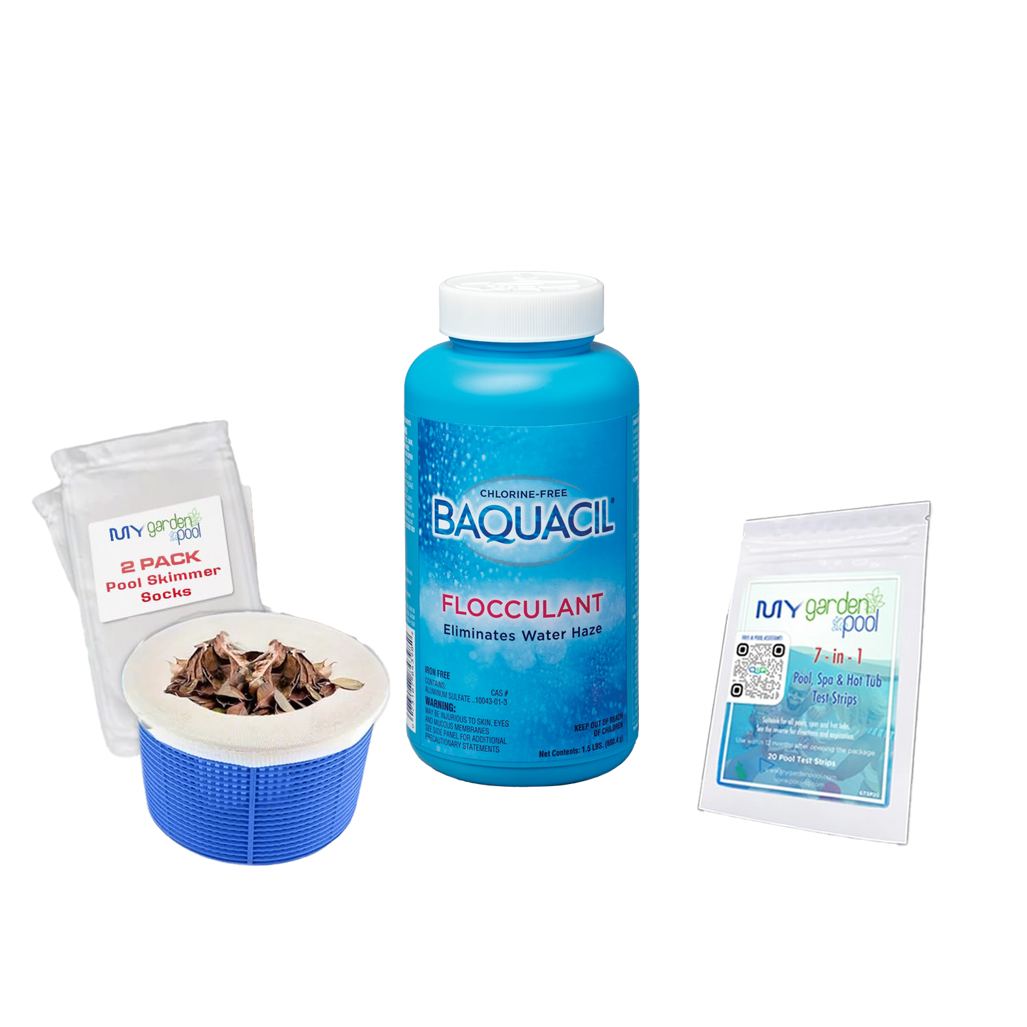BAQUACIL Flocculant 1.5 lb – Rapid Pool Clarifier for Cloudy Water – Binds Debris for Easy Vacuum Removal – Bonus Test Strips & Scum Socks
