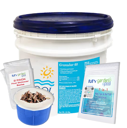 Pool Breeze 68 Cal Hypo Granular Chlorine Shock – 25 lb Pail – Fast-Dissolving Sanitizer – Includes Scum Socks & Test Strips