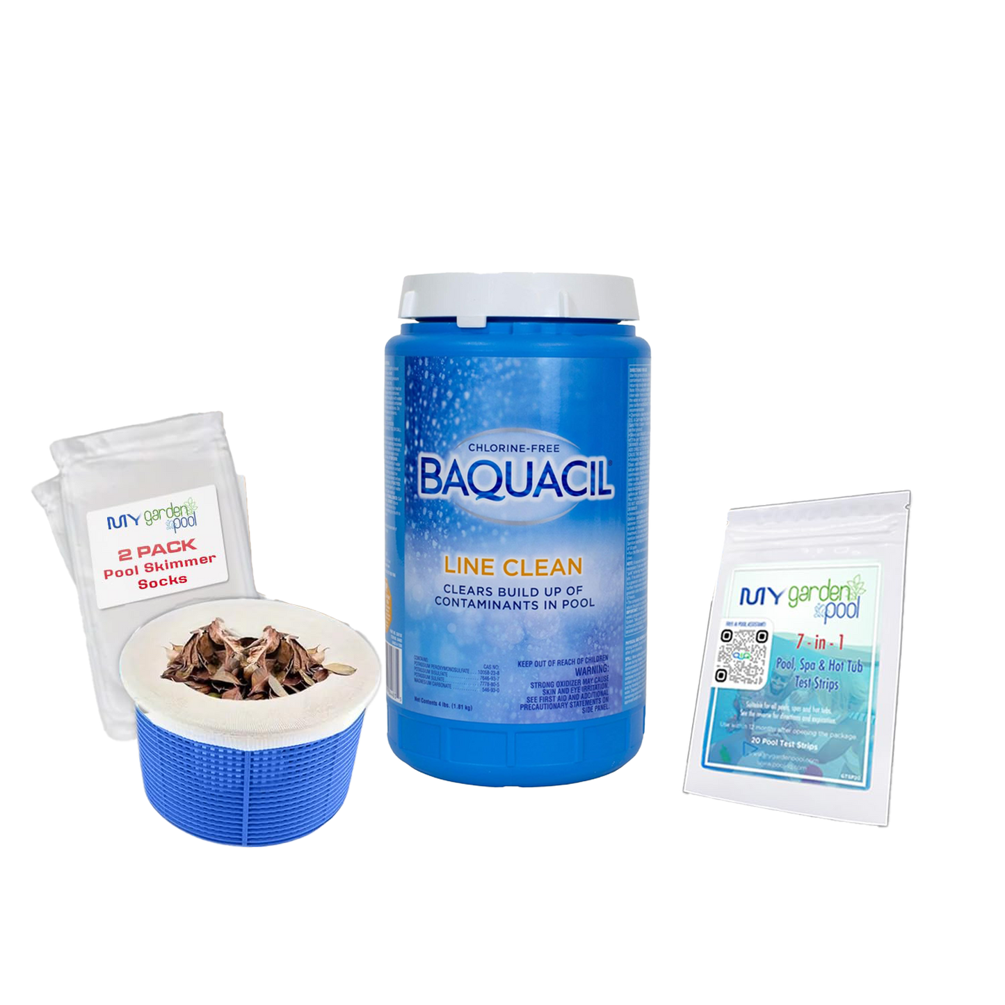 BAQUACIL Line Clean 4 lb – Deep Cleaning Formula for Pool Plumbing Lines – Removes Biofilm & Buildup – Includes Test Strips & Scum Socks