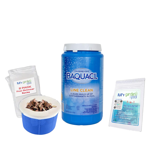 BAQUACIL Line Clean 4 lb – Deep Cleaning Formula for Pool Plumbing Lines – Removes Biofilm & Buildup – Includes Test Strips & Scum Socks