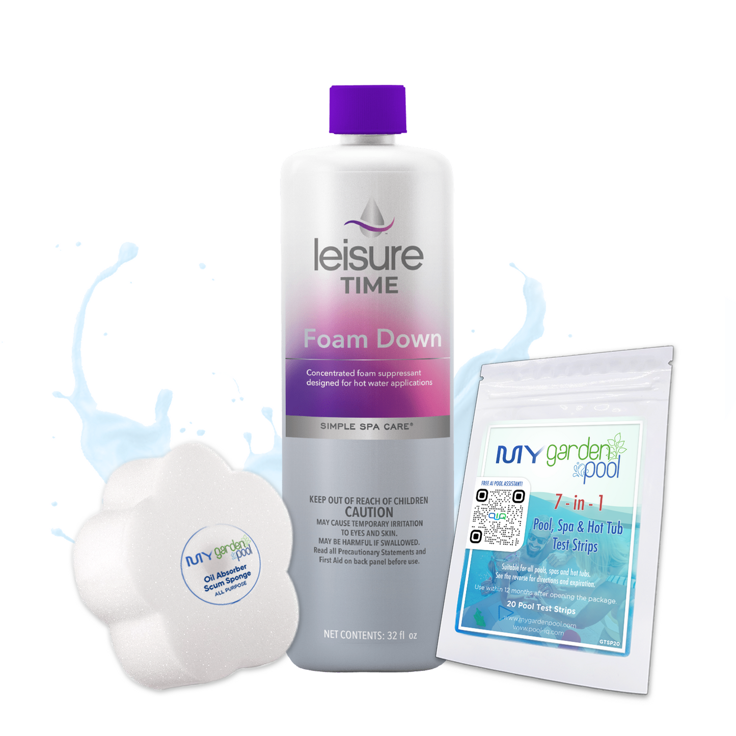 Leisure Time Foam Down 32 fl oz – Eliminates Spa Foam Instantly – Smoother Water Surface – Includes Scum Sponge and 7-in-1 Test Strips