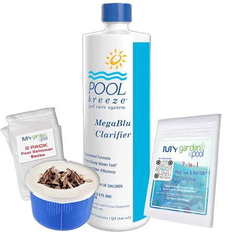 Pool Breeze Megablu Concentrated Clarifier – 32 oz – Ultra-Clear Water Formula – Includes Scum Socks & Test Strips
