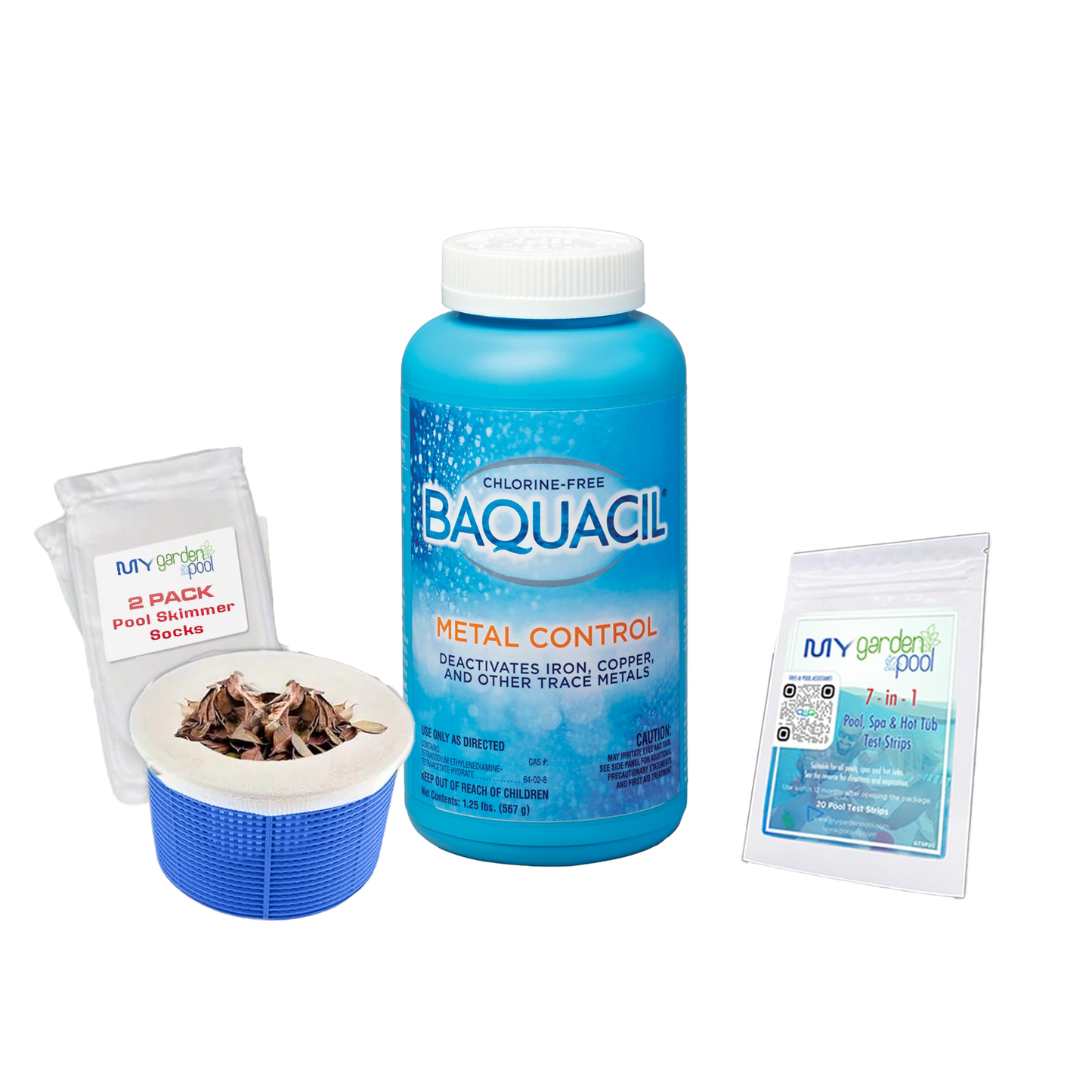BAQUACIL Metal Control 1.3 lb – Prevents Stains from Iron, Copper & Other Metals – Protects Pool Surfaces – Includes Scum Socks & Test Strips