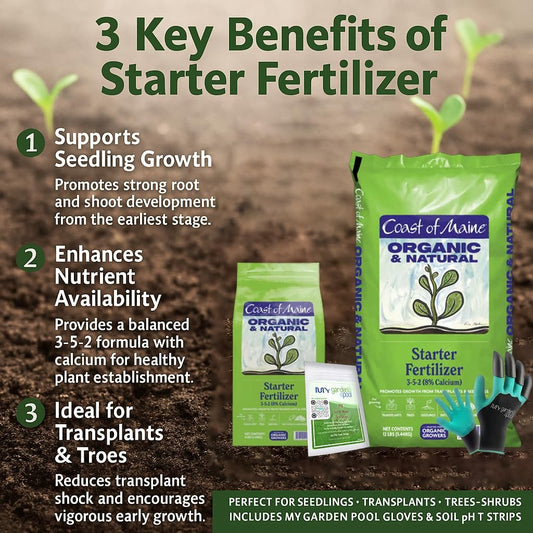 Coast of Maine SF6001 Starter Fertilizer 4 LB – Organic Plant Starter Formula for New Gardens with My Garden Pool Soil Test Strips & Claw Gardening Gloves