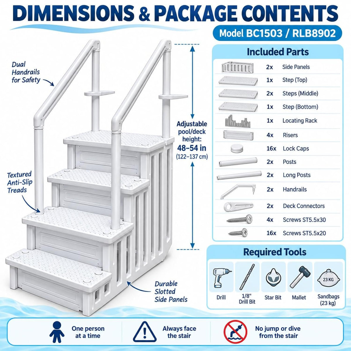 My Garden Pool 4-Step In-Pool Entry Stairs for 48–54 Inch Above-Ground Pools, Dual Handrails, Textured Step Surfaces, 2 Adjustable Deck Connectors and Slotted Side Panels, White