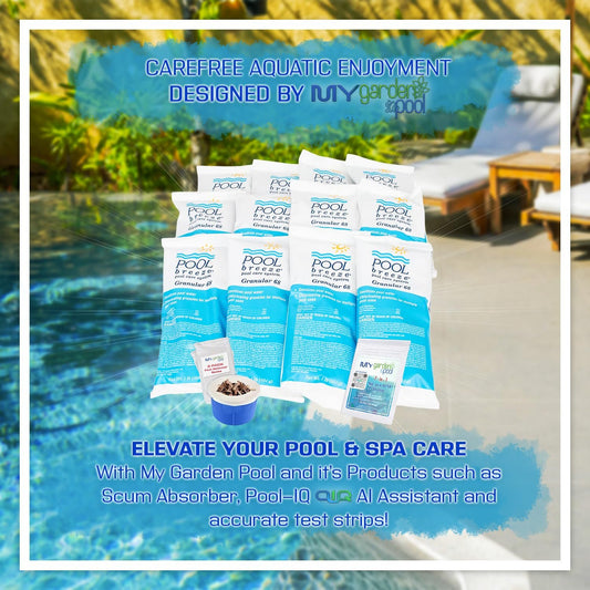Pool Breeze Granular 68 88475 – 12 lb – Convenient Case Pack Chlorine – with My Garden Pool 7 in 1 Test Strips & Scum Socks