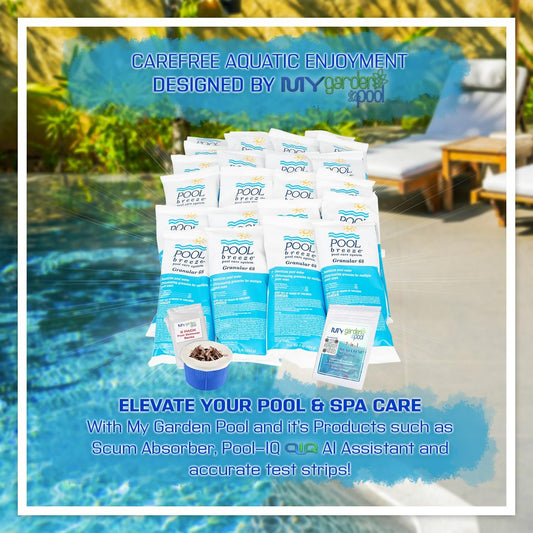 Pool Breeze Granular 68 88475 – 24 lb – Convenient Case Pack Chlorine – with My Garden Pool 7 in 1 Test Strips & Scum Socks