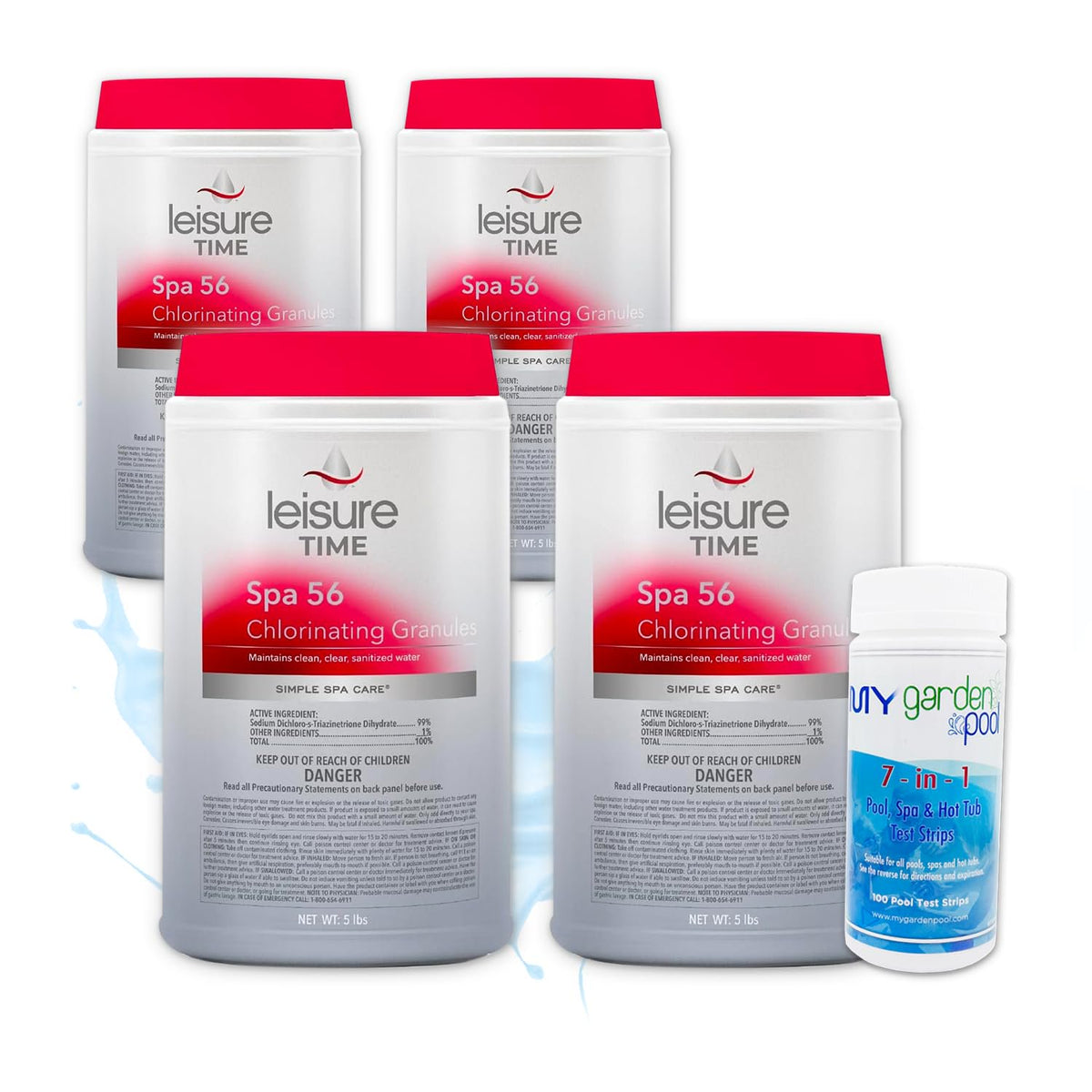 Leisure Time E5 Spa 56 Chlorinating Granules for Spas and Hot Tubs, 5-Pounds (Four Pack, 4 x 5 Lbs) with My Garden Pool 20 Ct. Test Strips - Take Care of Your Spa/Pool, Test First Use Later