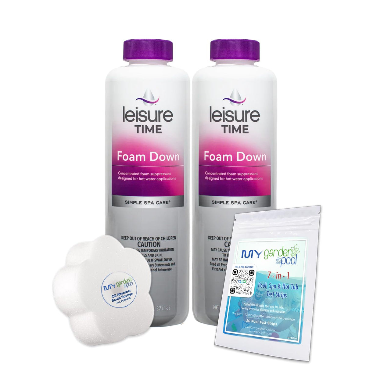 Leisure Time 30241A Foam Down Spa Care 32oz - 1QT - Luxurious Cleaning for Spas and Hot Tubs: Enhance Enjoyment and Hygiene. My Garden Pool Test Strip Included as a Gift!