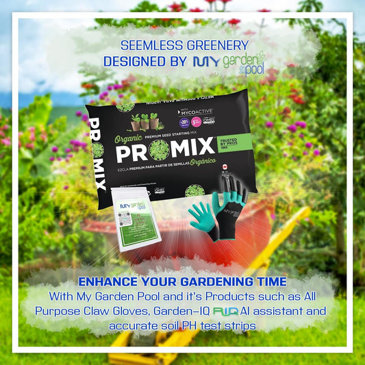 Promix Premier Horticulture Organic Pro Seed Starting Mix; 16 qt with My Garden Pool PH Soil Test Strips 20 ct, and Gardening Claw Gloves and Garden-IQ, Smart Gardening AI Assistant!